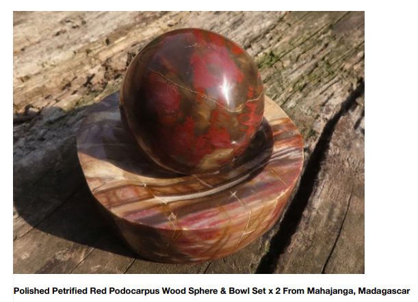 Polished Petrified Red Podocarpus Wood Sphere & Bowl - From Mahajanga, Madagascar